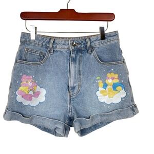 Womens Care Bears Denim Shorts Sz 3 Light Wash Glitter Graphics High Waisted